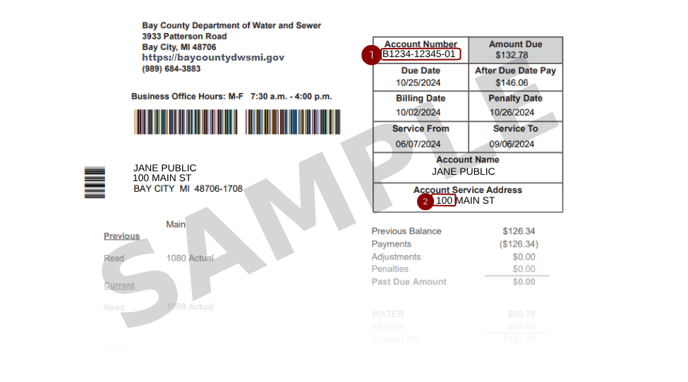 Sample Bay County Utility bill with the account number highlighted
